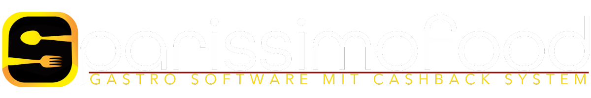 Logo mit Löffel und Gabel in einem schwarzen Quadrat. Der Text darunter lautet „Gastro Software & Cashbac System“.