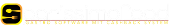 Logo mit Löffel und Gabel in einem schwarzen Quadrat. Der Text darunter lautet „Gastro Software & Cashbac System“.
