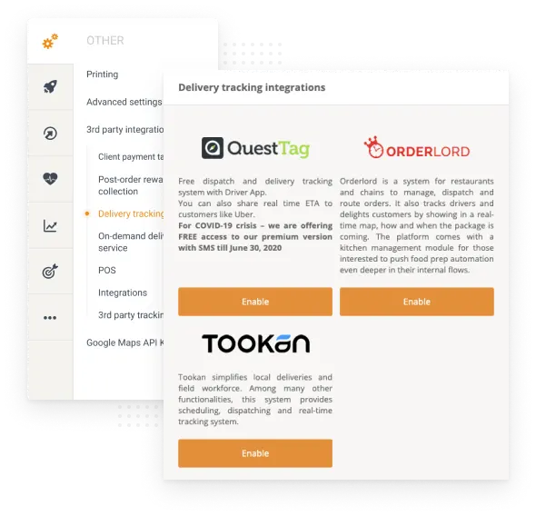 Integrationen zur Sendungsverfolgung: QuestTag-, Orderlord- und Tookan-Logos mit Aktivierungsschaltflächen.