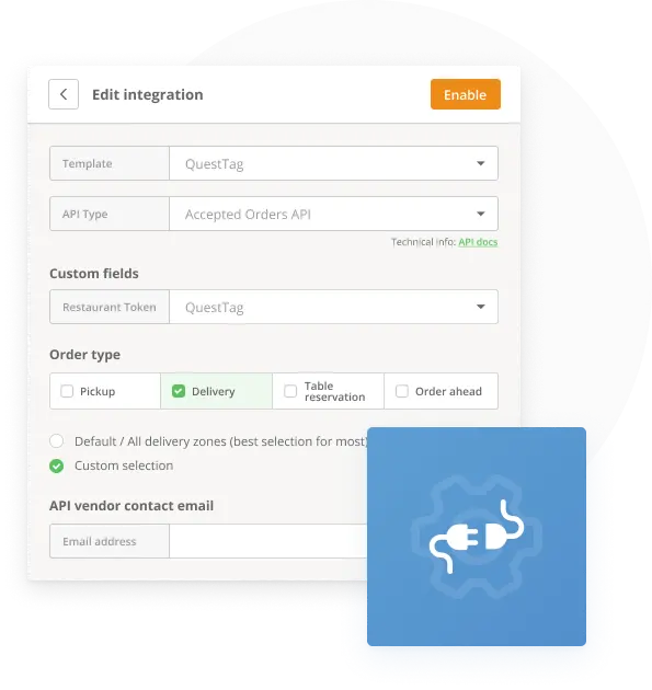 Konfigurationsbildschirm mit Einstellungen für die Bestellintegration eines Restaurants, einschließlich Optionen für Lieferung und Abholung.