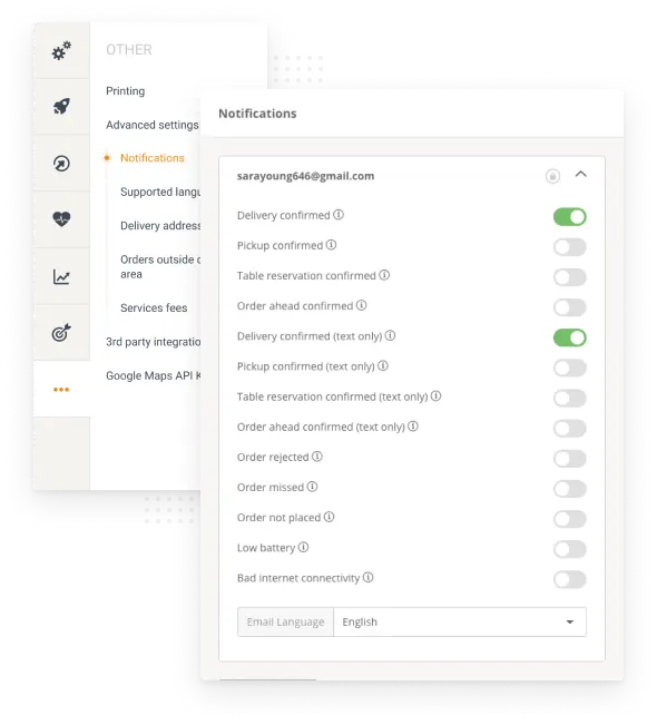 Einstellungsfeld mit Benachrichtigungsoptionen: E-Mail, Schalter zum Aktivieren/Deaktivieren von Lieferung, Abholung, Tischreservierungen und mehr.
