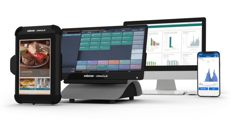 Einrichtung des Restaurant-Kassensystems: Touchscreen, Tablet, Desktop-Monitor und Telefon zur Anzeige der Verkaufsdaten.