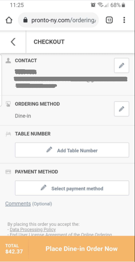 Checkout-Seite: Kontakt, Bestellmethode (Essen im Restaurant), Tischnummer, Zahlungsmethode und Bestellsumme.