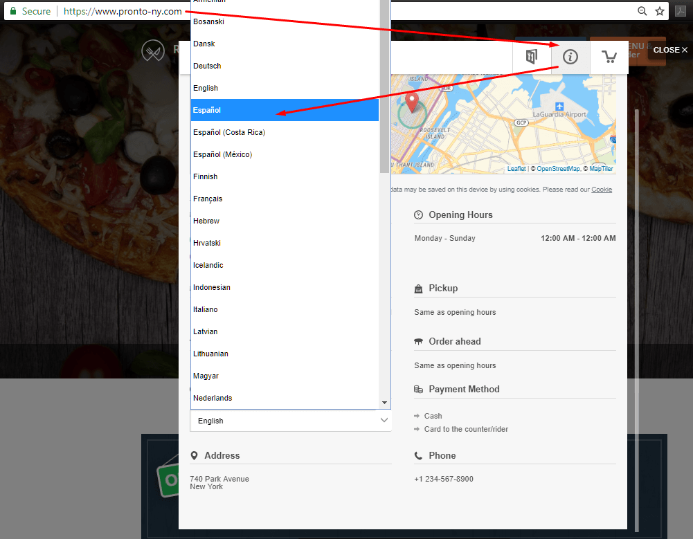 Menü, „Route“ ausgewählt, auf der Pizza-Website mit Karte und Bestelldetails.
