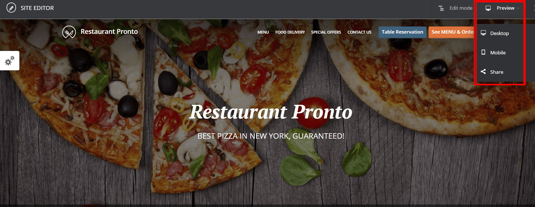 Website-Header mit Navigationsmenü und Dropdown-Optionen vor einem Pizza-Hintergrund.