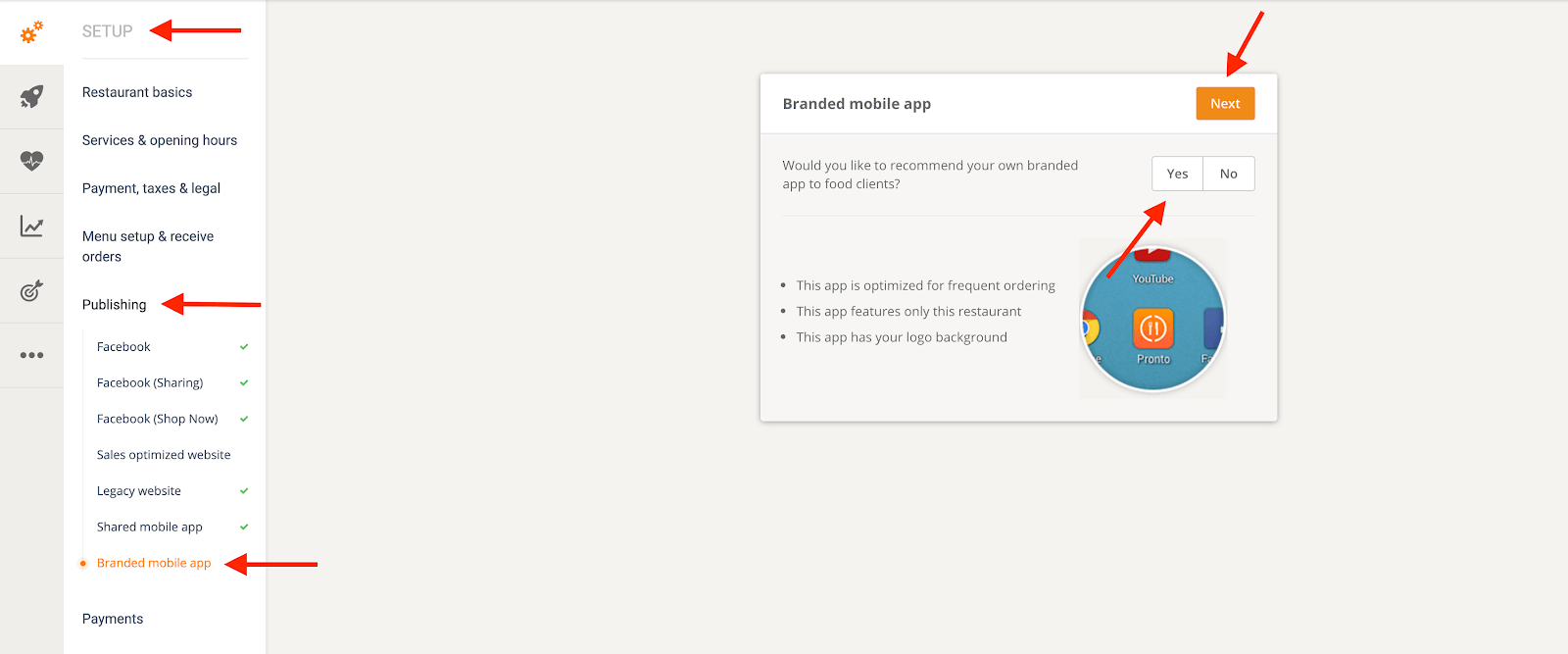 Screenshot einer Webseite mit Pfeilen, die auf ein Menü, einen Button und ein kreisförmiges Symbol zeigen.