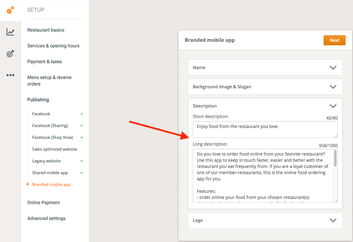 Screenshot einer digitalen Setup-Oberfläche mit einem Textfeld, das Beispielinhalte enthält, und einem Pfeil, der darauf zeigt.