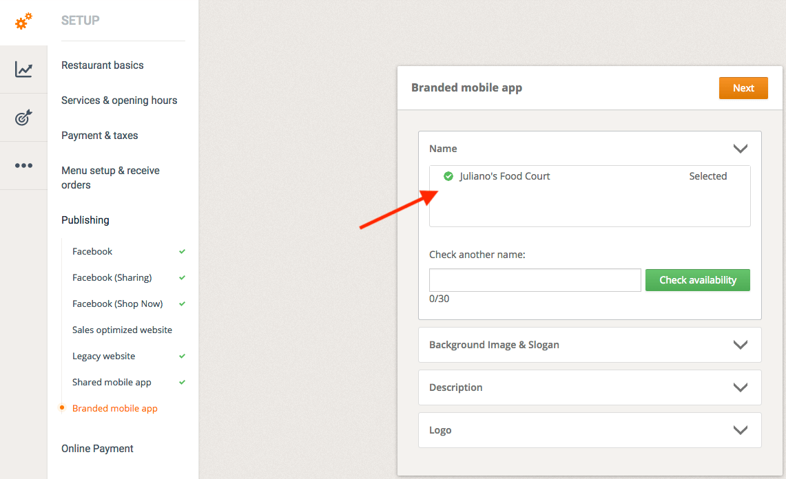 Ein grünes Häkchen neben „Entwicklung der mobilen App“ in einem Einstellungsmenü.