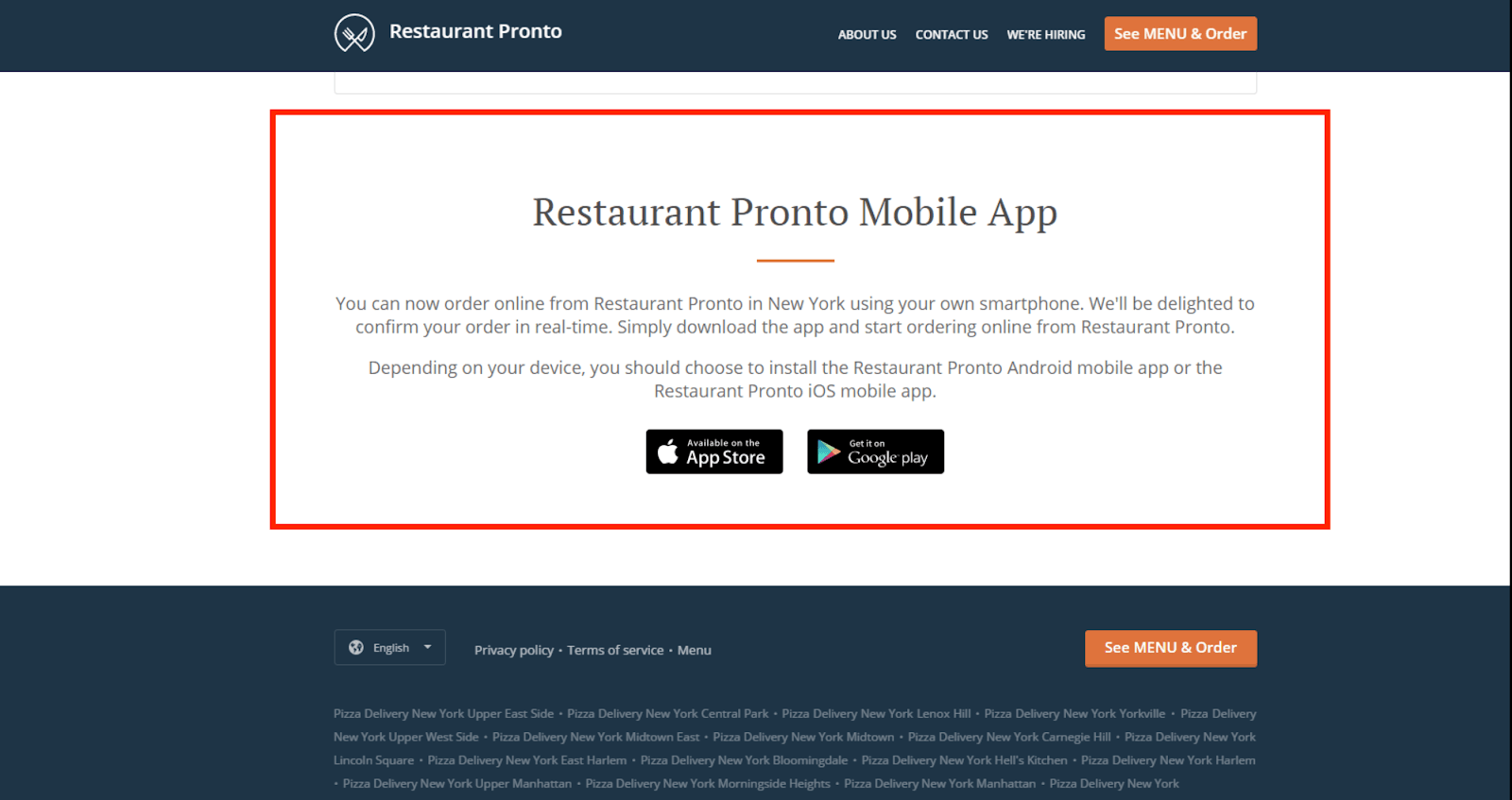 Landingpage der Restaurant Pronto Mobile App mit Download-Links für iOS und Android.