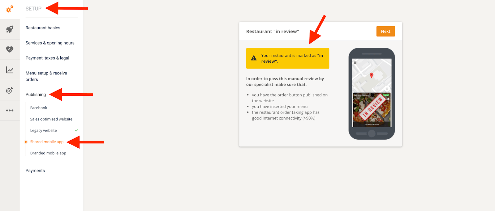 Benutzeroberfläche mit Menü und Popup-Benachrichtigung; Mockup einer mobilen App dargestellt.