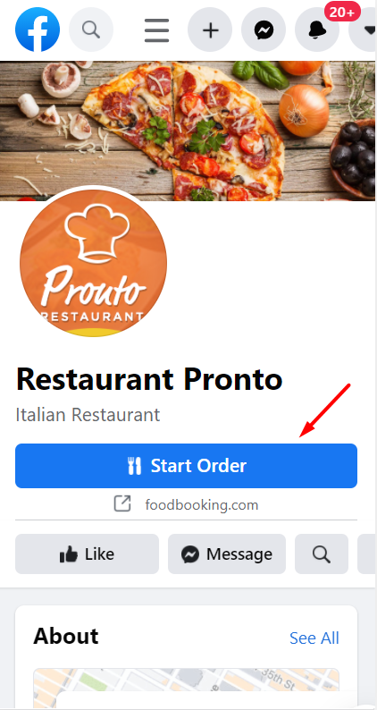 Facebook-Seite des italienischen Restaurants Pronto. Der Button „Bestellung starten“ wird angezeigt.