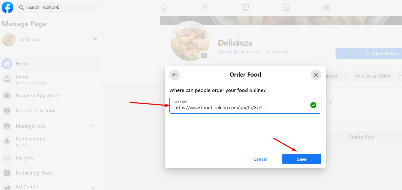 Facebook-Seite „Delicious“. Pop-up-Fenster zur Essensbestellung. Link zur Online-Bestellung mit „Speichern“-Button.