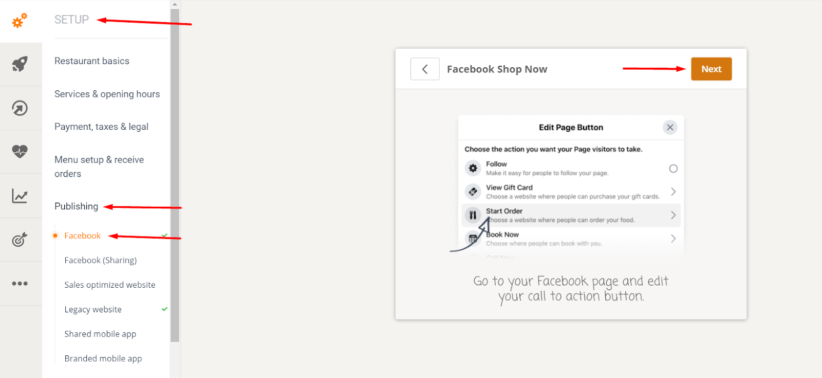 Ein Benutzer wählt „Los geht’s“, um einen Facebook-Shop einzurichten; die Schaltfläche „Weiter“ ist orange hervorgehoben.