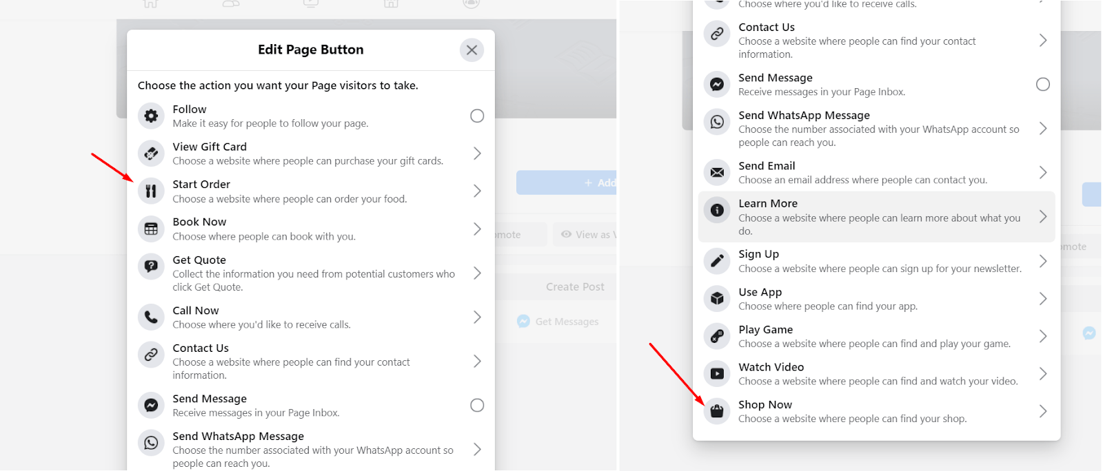 Screenshots, die die Facebook-Seiteneinstellungen zeigen und die Optionen „Open Tour“ und „Instagram“ hervorheben.