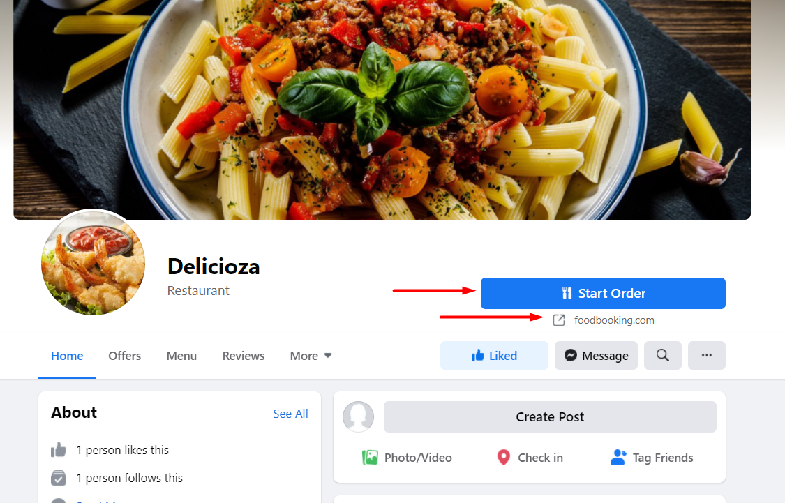 Facebook-Seite des Restaurants „Deliziosa“, auf der ein Pastagericht abgebildet ist, sowie Schaltflächen zum Starten einer virtuellen Tour oder zum Liken der Seite.