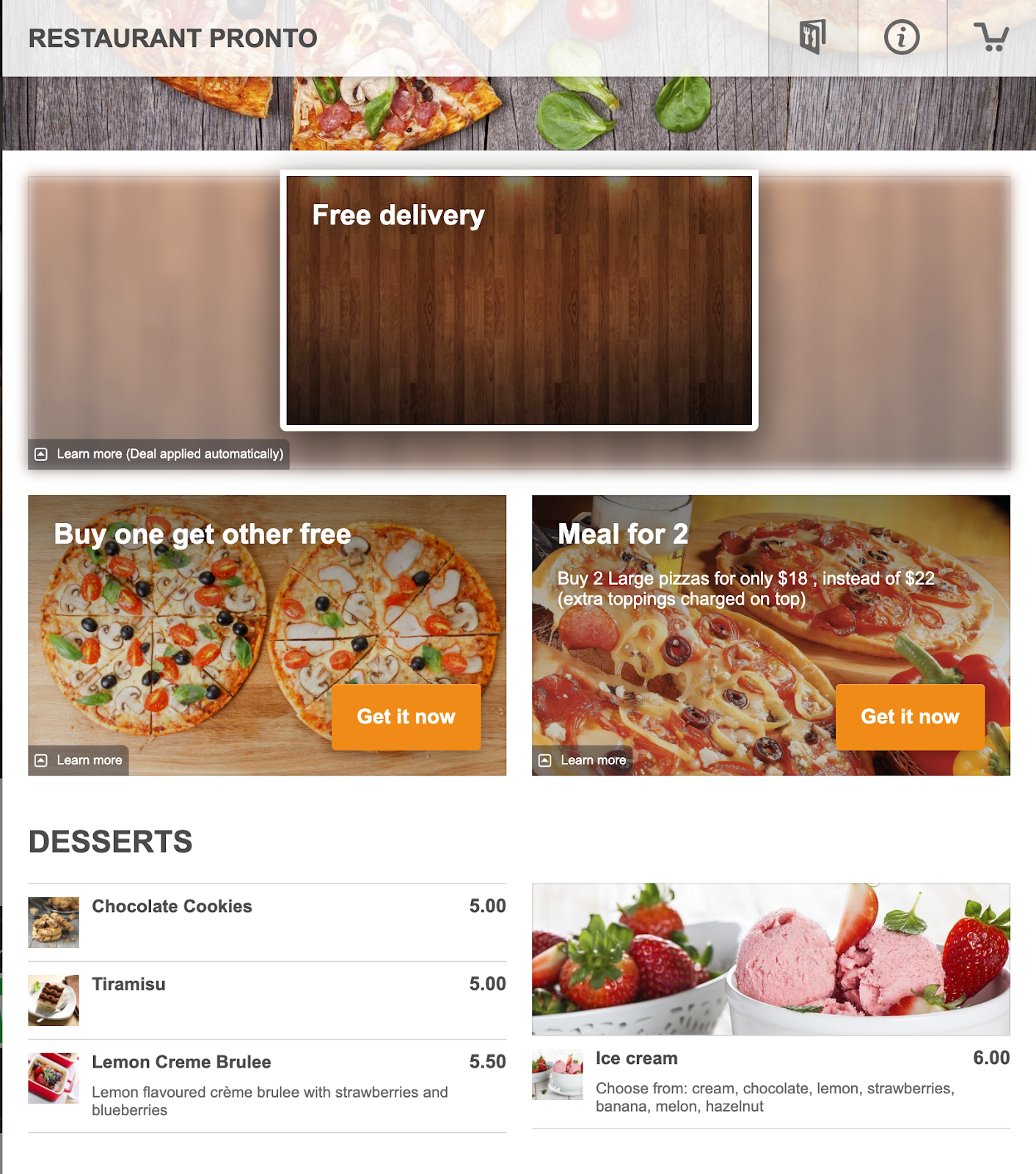 Webseite von Restaurant Pronto mit Pizza-Aktionen und Dessertkarte.