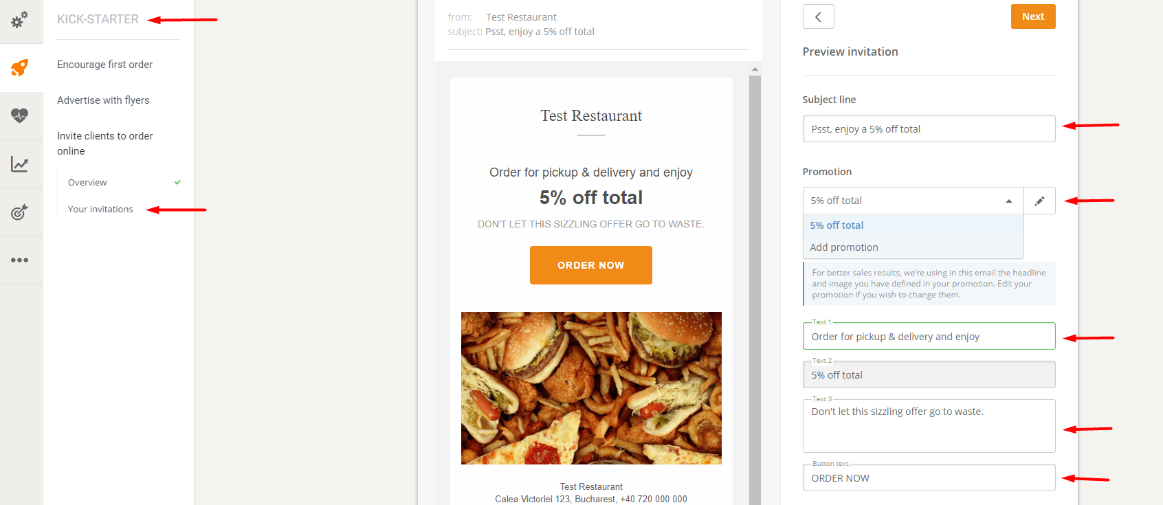 Einrichtung der E-Mail-Kampagne: ein E-Mail-Entwurf mit Schwerpunkt auf Lebensmitteln, bei dem ein Dropdown-Menü zur Auswahl einer Kategorie geöffnet ist.