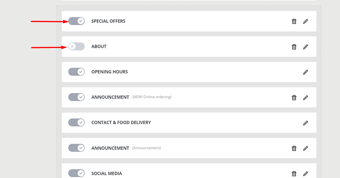 Schalter in einer Liste umschalten, wobei „Als Entwürfe speichern“ und „Zurücksetzen“ deaktiviert sind.