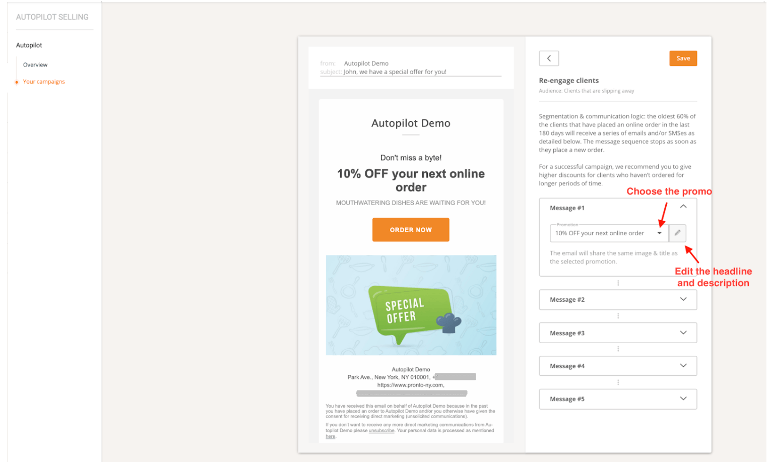 E-Mail-Entwurfsoberfläche. Ein Newsletter mit einer 50%-Rabattaktion und einem Formular zur Auswahl von Panel-Elementen.