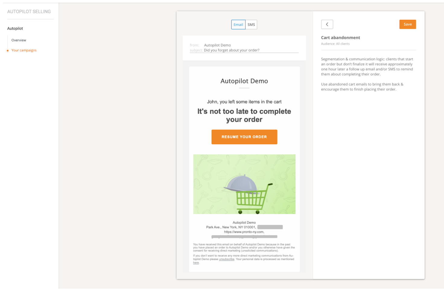 E-Mail über einen abgebrochenen Warenkorb. Grüner Warenkorb, orangefarbener Button „Bestellung abschließen“.