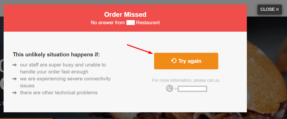 Orangefarbene Schaltfläche „Erneut versuchen“ in einer Fehlermeldung mit Fehlergründen.