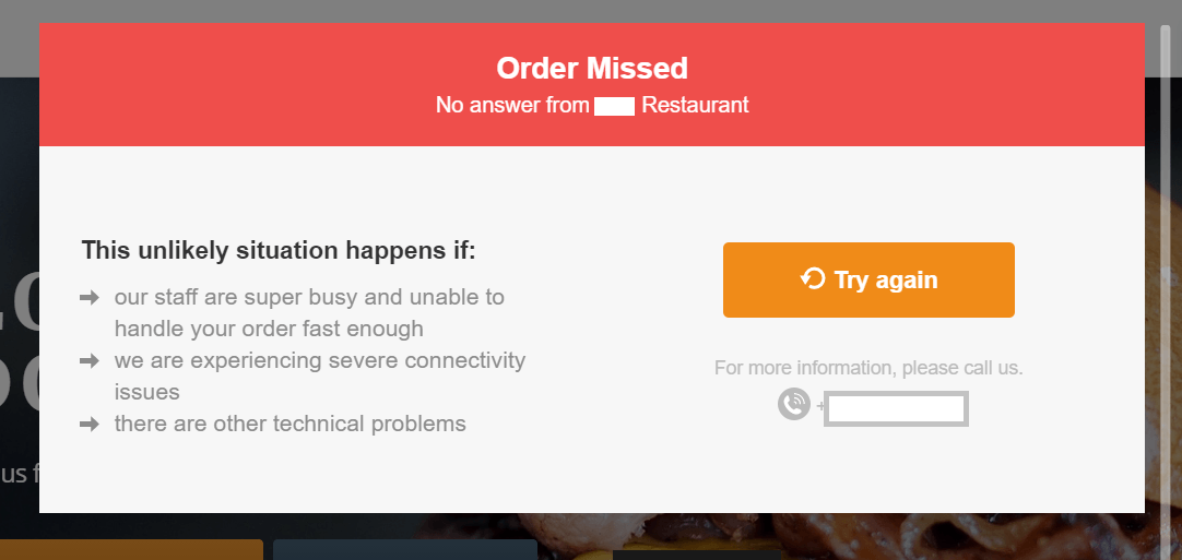 Pop-up-Fenster „Bestellung fehlgeschlagen“: Bestellung erneut versuchen, Gründe für das Fehlschlagen aufgelistet, Zeit bis zum Ablauf der Bestellung.