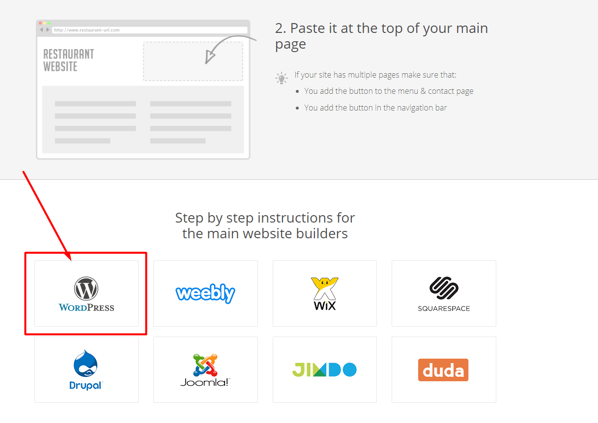 Anleitung für Website-Ersteller, mit einem roten Pfeil, der auf das WordPress-Logo zeigt.