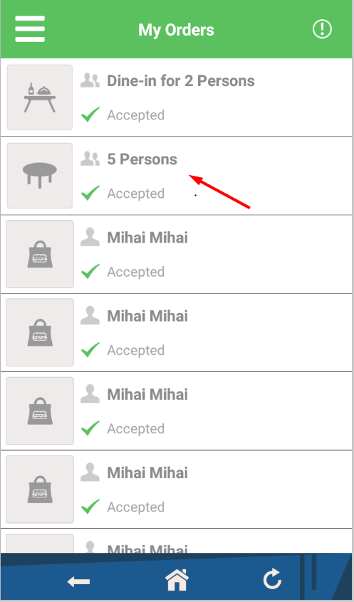 Mobiler Bildschirm: Liste der angenommenen Bestellungen, darunter auch „5 Personen“.