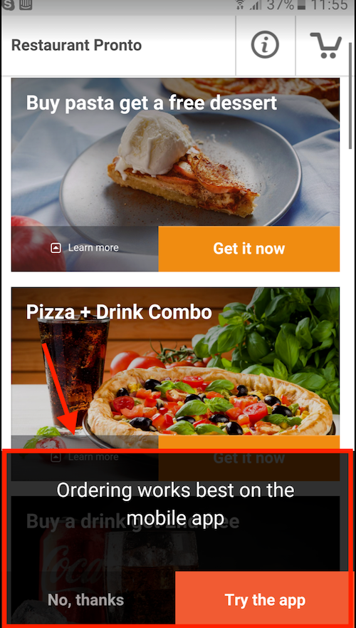 Die Restaurant Pronto App bietet: Pasta-/Dessert-Aktion und Pizza-/Getränke-Kombi. Aufforderung: „App ausprobieren“.