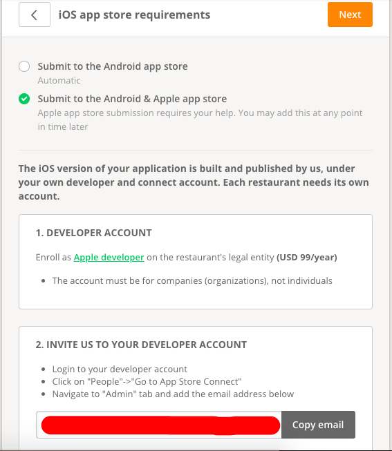 Anweisungen zur Einreichung im iOS App Store mit Entwicklerkontodetails und einer E-Mail-Adresse zum Kopieren für die Einladung.