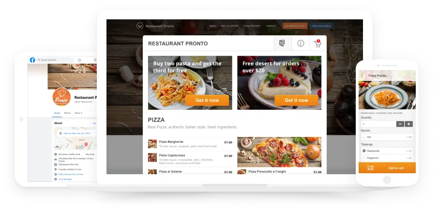 Die Website des Restaurants wird auf Tablets, Laptops und Smartphones angezeigt und präsentiert Menüpunkte sowie die Möglichkeit zur Online-Bestellung.