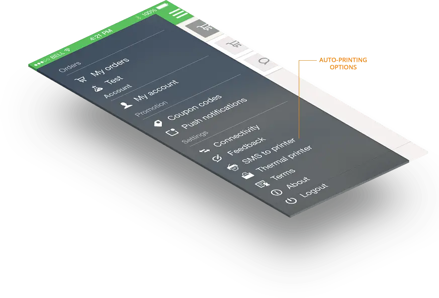 Menü der mobilen App mit Optionen wie Einstellungen, Feedback und Abmelden. Farbschema in Grün und Grau.