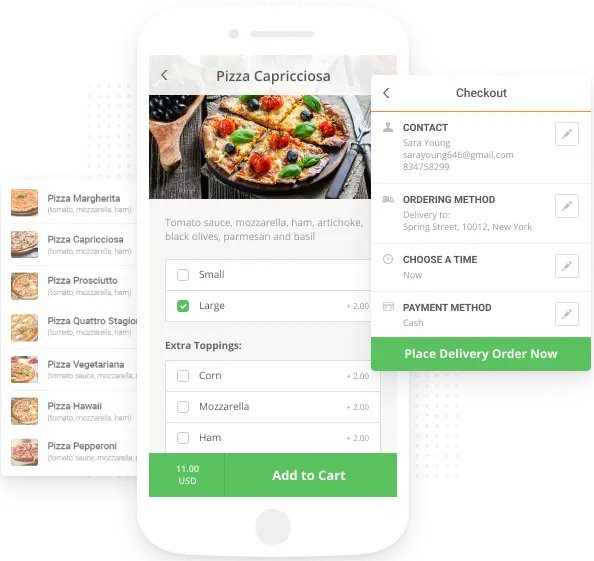 Mobile App mit Pizza-Bestellfunktion, inklusive Belagauswahl und Bezahlvorgang sowie Lieferoptionen.