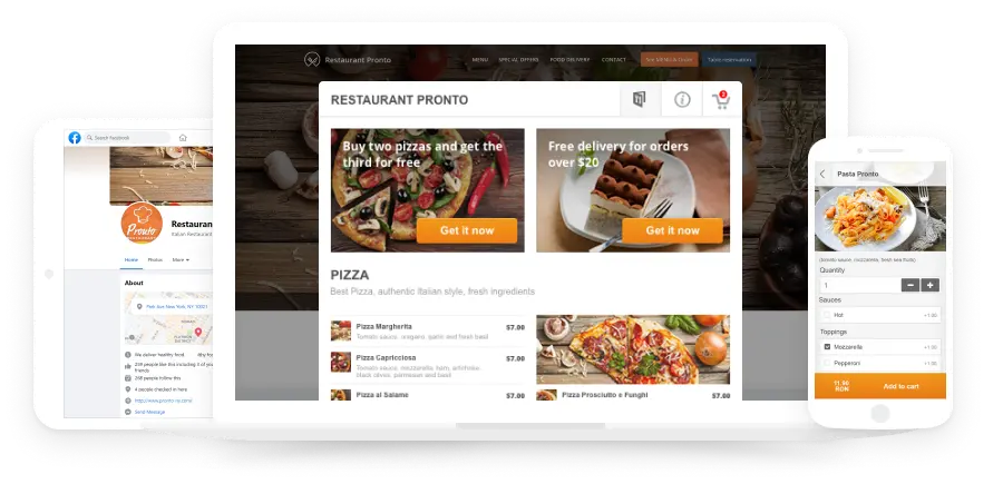 Website auf Laptop, Handy und Tablet mit Pizza-Menü und Facebook-Seite.