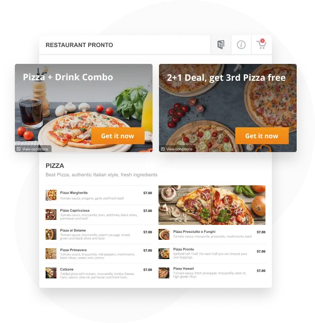 Restaurant Pronto online ordering interface. Pizza combo and 2+1 deals advertised. Pizza menu items shown.