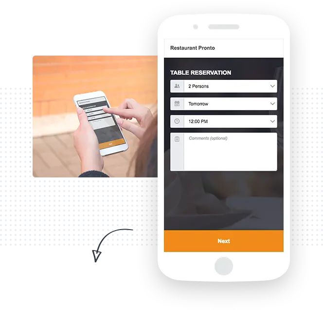 Person making a restaurant table reservation on a phone; reservation form on the screen.