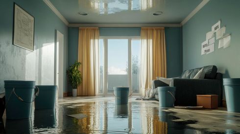 A living room with buckets of water on the floor and a couch.