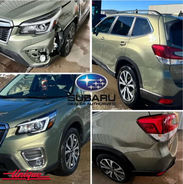 A collage of four pictures of a subaru car