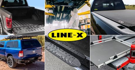 A collage of pictures of a truck with a line x logo in the middle.