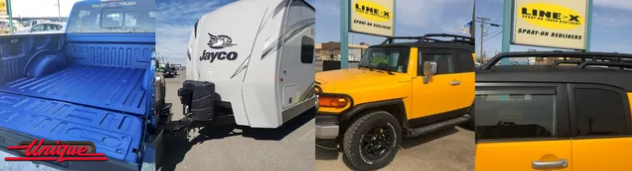 A collage of four pictures of a truck , trailer , and camper.