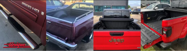 A collage of four pictures of different pickup trucks.
