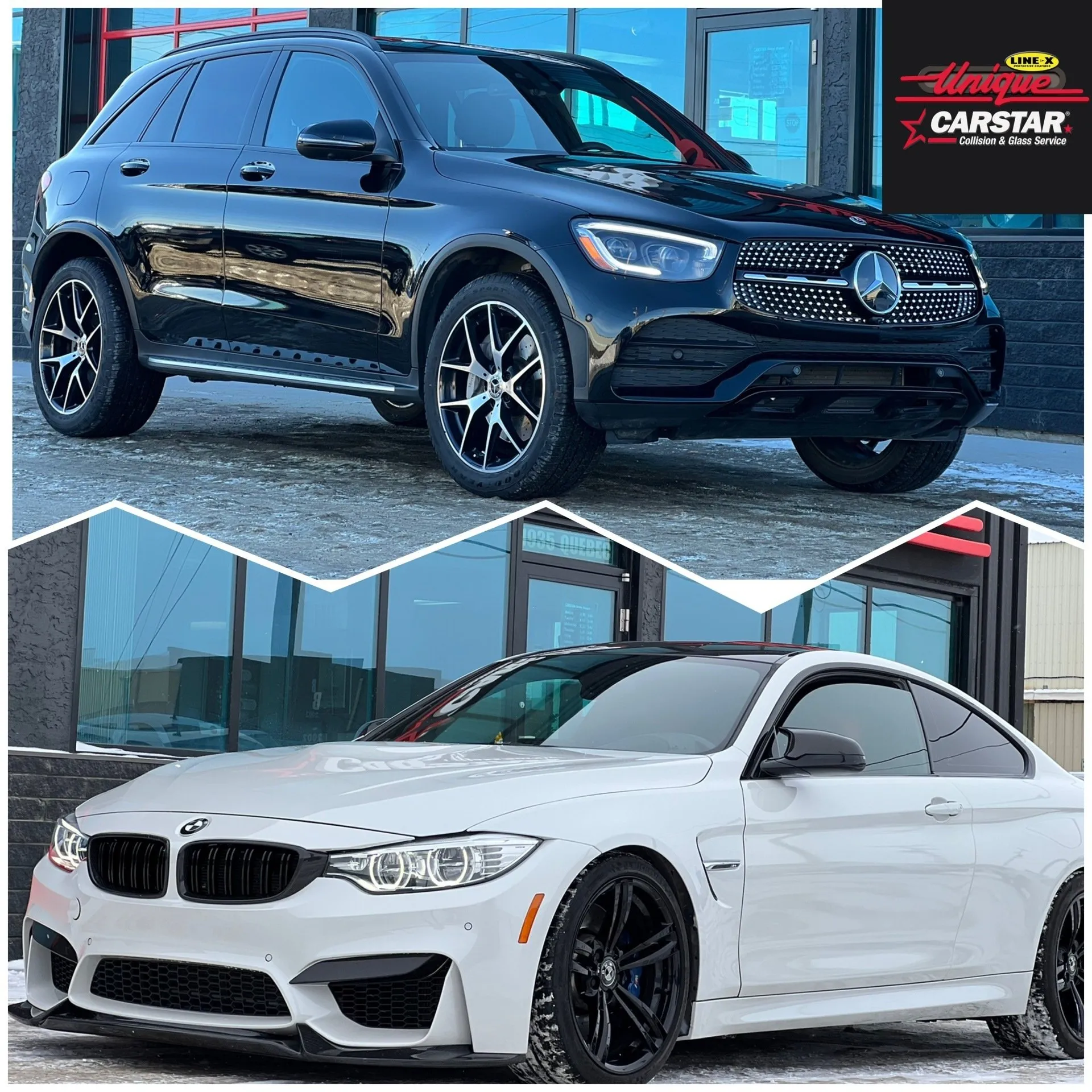 A black suv and a white bmw m4 are parked next to each other.