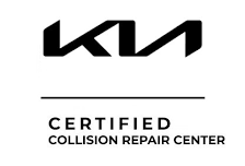 A black and white logo for a certified collision repair center.