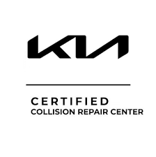 A black and white logo for a certified collision repair center.