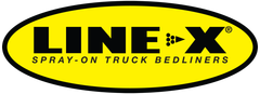 A yellow and black logo for line x spray on truck bedliners