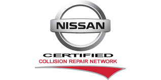 A nissan certified collision repair network logo on a white background