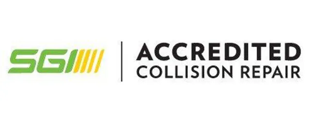 The logo for accredited collision repair is green and yellow.