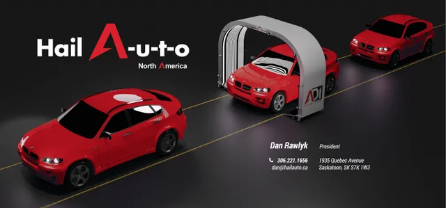 Three red cars are parked in front of a sign that says hail auto