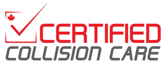 A red and black logo for certified collision care