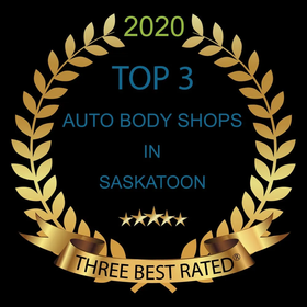 A gold laurel wreath that says top 3 auto body shops in saskatoon